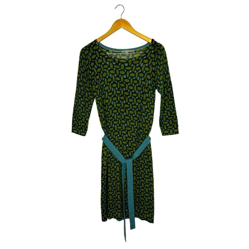 Boden Retro Green Blue Long Sleeve 100% Wool Art Deco Print MIDI Dress Size 4 - Picture 6 of 16